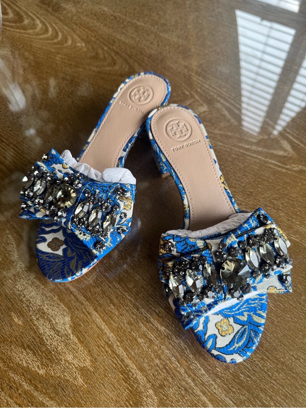 Tory Burch Valentina Brocade Crystal Bow Slide Sandals Blue Gold Size 6